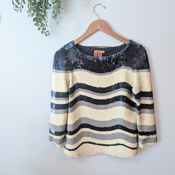 Tory Burch Black and Cream Sequin Blouse - Picture 1 of 11